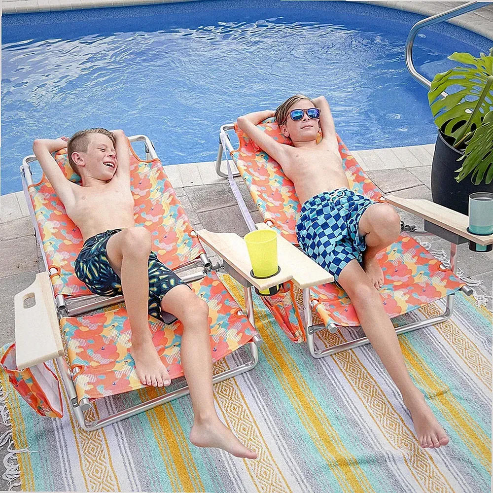 Patio Beach Chair Chaise Bed Adjustable Beach Reclining Positions with Pillow