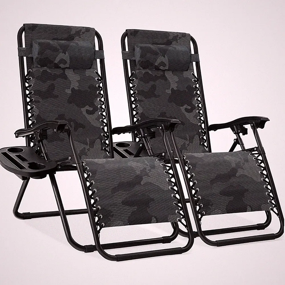 Set of 2 Gray Zero Gravity Lounge Chairs with Cup Holders for Outdoor Relaxation